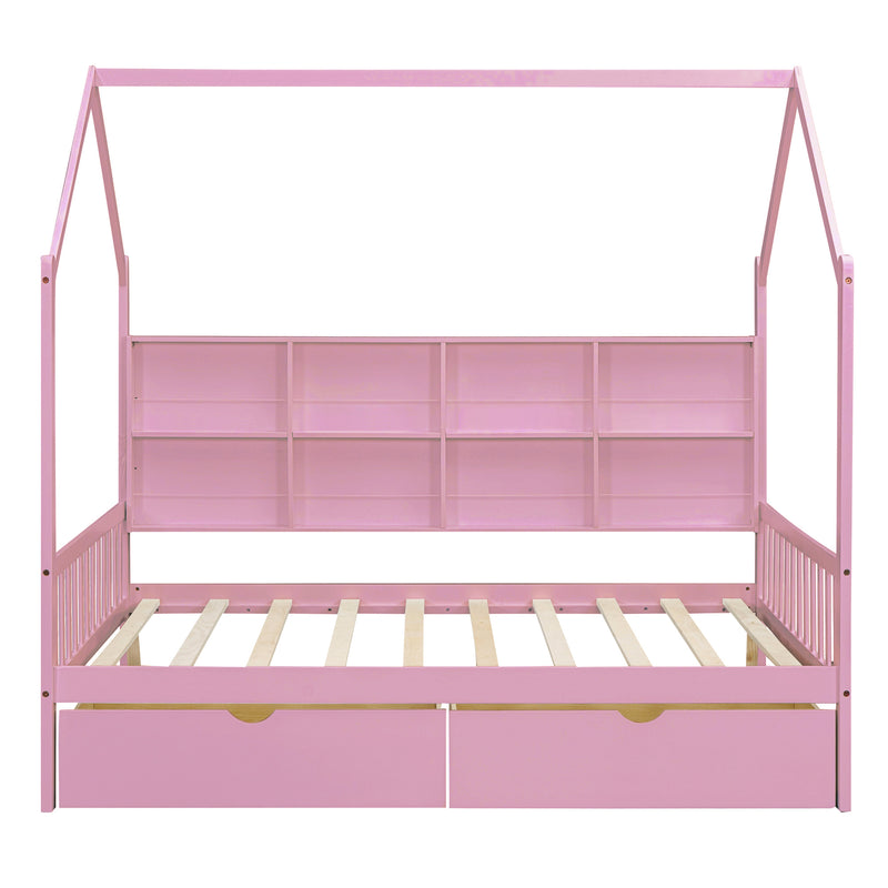 Wooden Full Size House Bed with 2 Drawers,Kids Bed with Storage Shelf, Pink