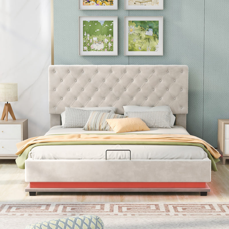 Queen Size Storage Upholstered Platform Bed with Adjustable Tufted Headboard and LED Light, Beige