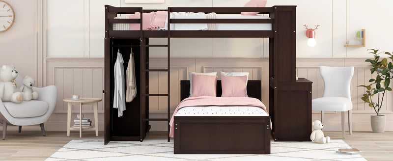 Twin size Loft Bed with a Stand-alone bed, Shelves,Desk,and Wardrobe-Espresso