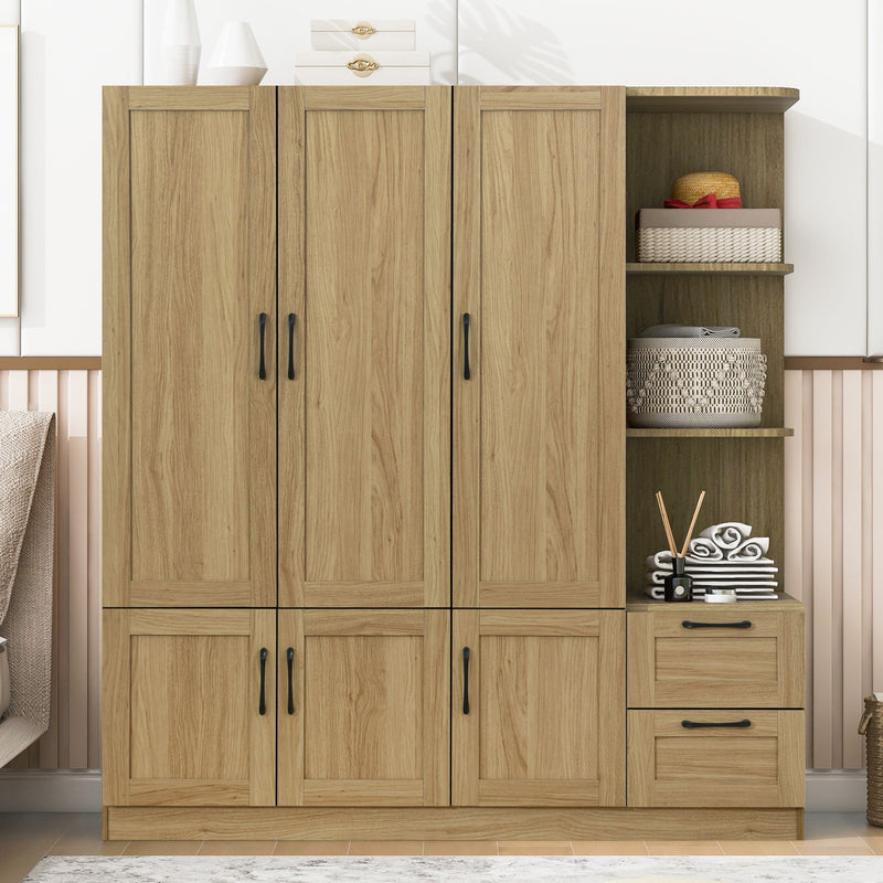 3 Door Storage Wardrobe For Dedroom With Shelves And 2 Drawers, Side Storage Shelves