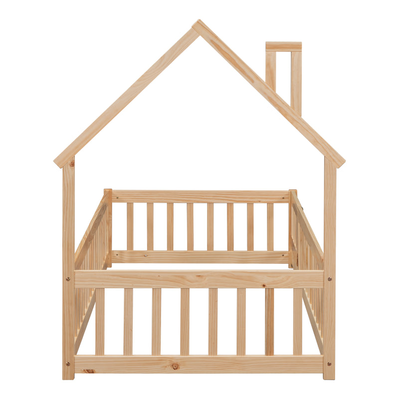 Twin House-Shaped Headboard Floor Bed with Fence
,Natural