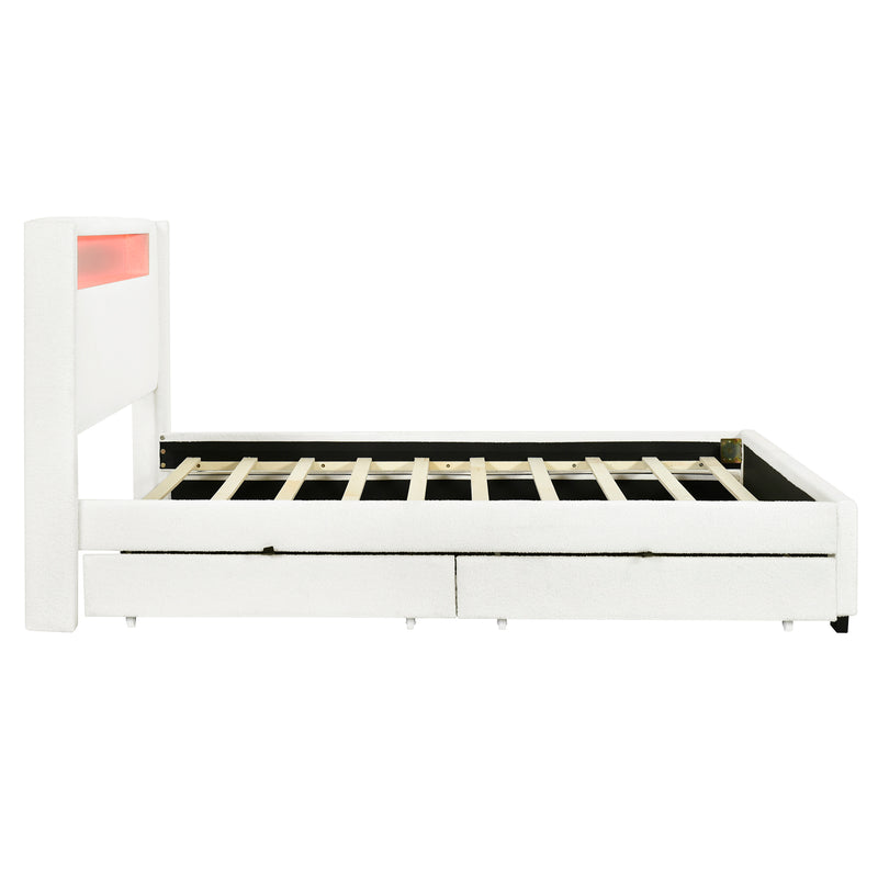 Queen Size Upholstered Platform Bed with LED Frame, with Twin  XL Size Trundle and 2 drawers, Teddy Fleece, White