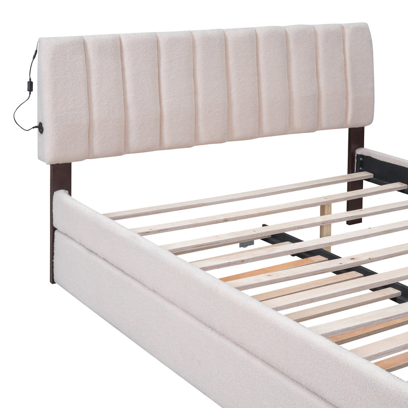 Teddy Fleece Queen Size Upholstered Platform Bed with Trundle, Beige