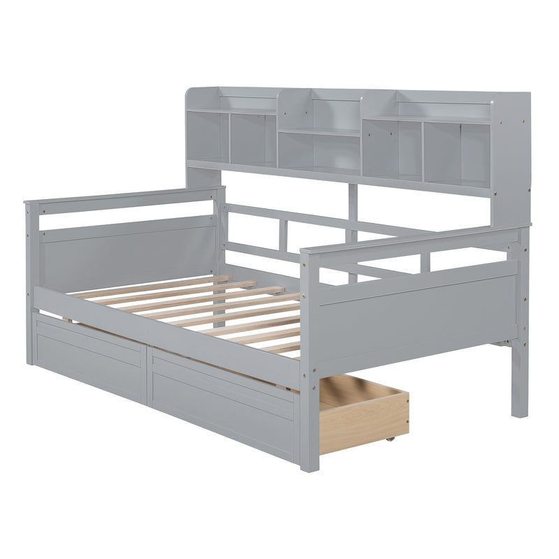 Twin size Daybed, Wood Slat Support, with Bedside Shelves and Two Drawers, Gray