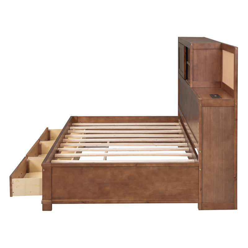 Twin Size Wooden Daybed with 3 Storage Drawers, Upper Soft Board, shelf, and a set of Sockets and USB Ports, Brown