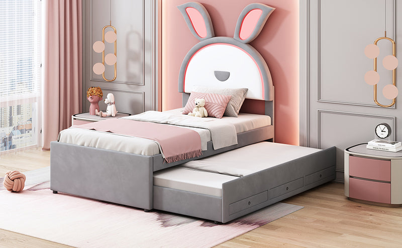 Twin Size Upholstered Platform Bed with Trundle and 3 Drawers, Rabbit-Shaped Headboard with Embedded LED Lights, Gray