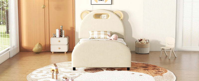 Twin Size Upholstered Platform Bed with Bear-Shaped Headboard and Embedded Light Stripe, Velvet, Beige