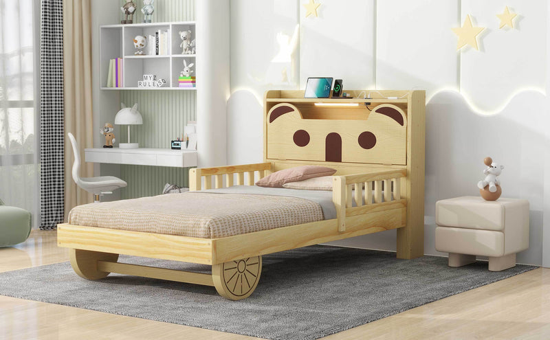 Twin Size Car Bed with Bear-Shaped Headboard, USB and LED, Natural