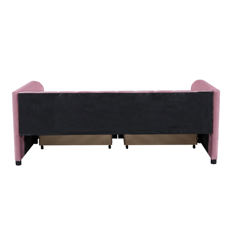 Twin Size Upholstered Daybed with Ergonomic Design Backrest and 2 Drawers, Pink