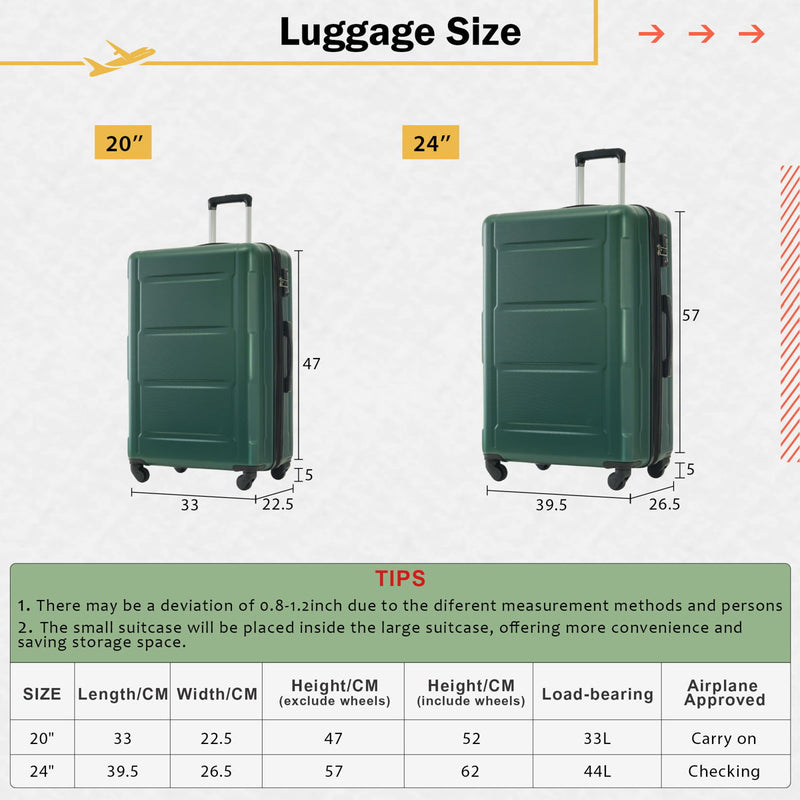 2 Piece Luggage Set With Bags Expanable Spinner Wheels ABS Lightweight Suitcase With Tsa Lock 20" / 24"