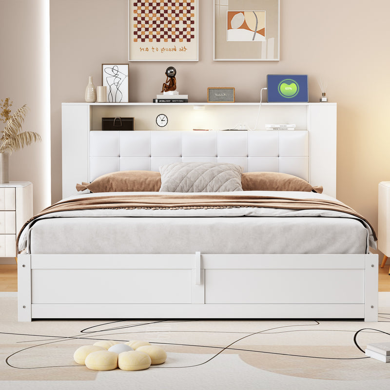 Queen Size Tufted Upholstered Platform Bed  with Storage Headboard and Hydraulic Storage System, Modern PU Storage Bed with Motion Activated Night Lights and USB Charger,White