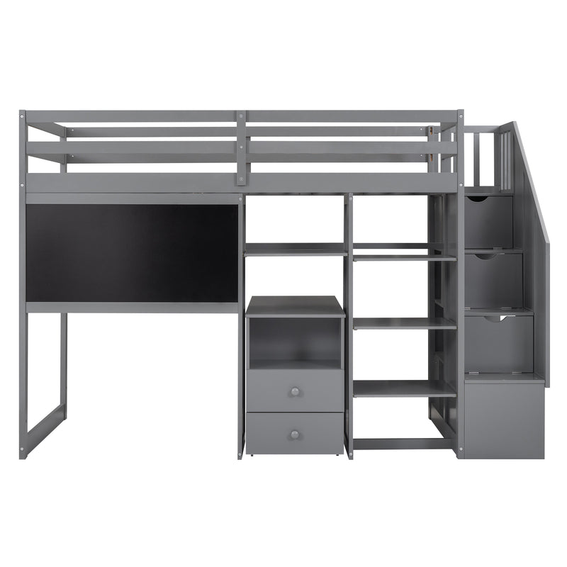 Twin Size Loft Bed with Pullable Desk and Storage Shelves,Staircase and Blackboard,Gray