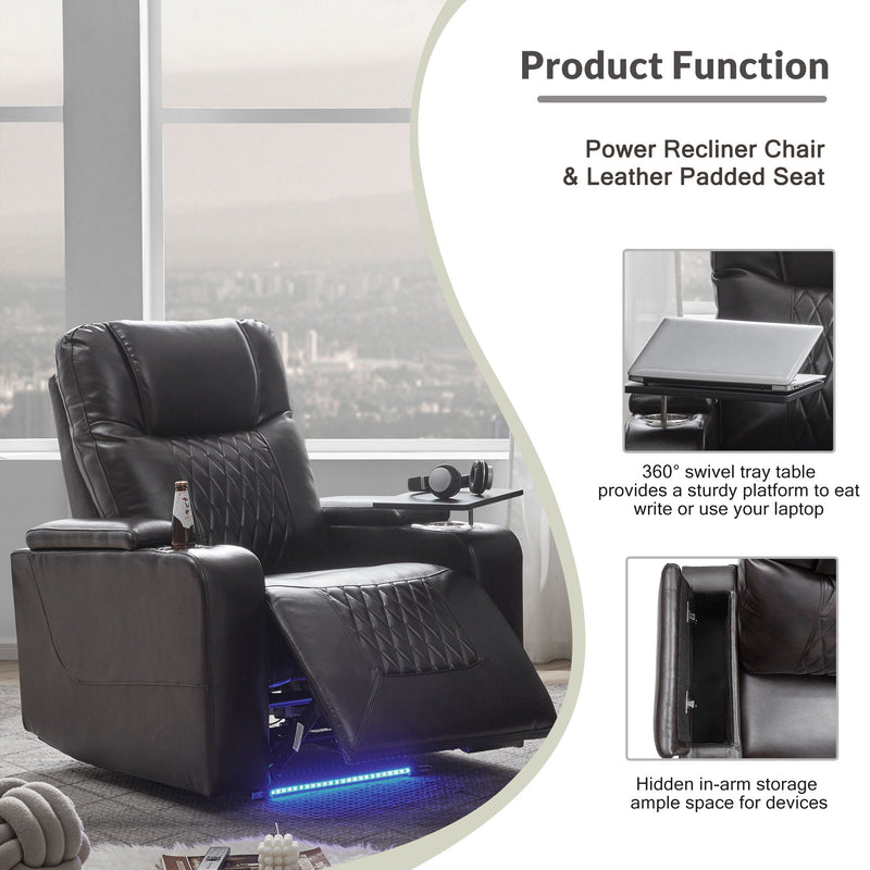 Power Motion Recliner With USB Charging Port And Hidden Arm Storage 2 Convenient Cup Holders Design And 360 Degree Swivel Tray Table