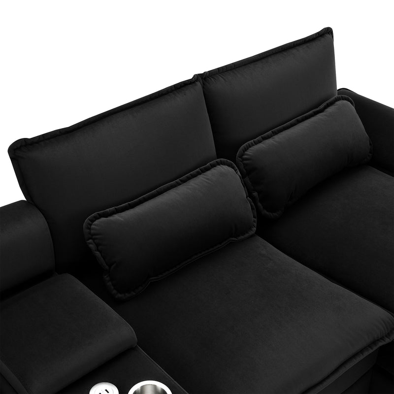 Modern U-Shaped Sofa With Console, Cupholders And USB Ports, 6 Seat Upholstered Symmetrical Indoor Furniture, Sleeper Couch Set With Chaise For Living Room