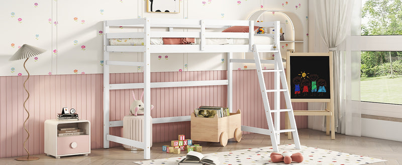 Twin Size High Loft Bed with inclined Ladder, Guardrails,White