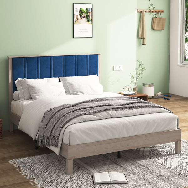 Queen Bed Frame, Wood with Wood Headboard Bed Frame with upholstered headboard /  Wood Foundation with Wood Slat Support / No Box Spring Needed / Easy Assembly