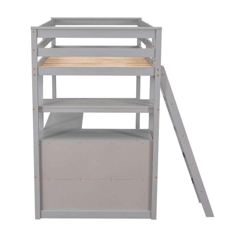 Twin Size Loft Bed with Desk and Shelves, Two Built-in Drawers, Gray(old SKU:GX000803AAE-1)