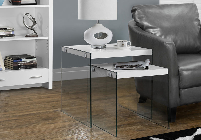 Nesting Table, Side, End, Accent, Glossy Contemporary & Modern (Set of 2) - White