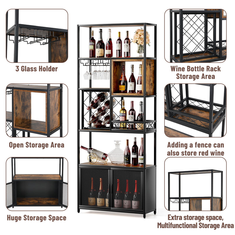 Industrial Tall Black Bar Wine Rack Cabinet With Glass Holder Wood Home Bar Cabinet - Walnut / Black