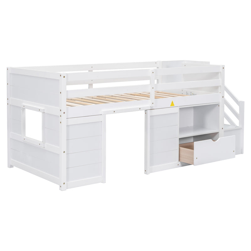 TWIN BED, SOLID WOOD TWIN SIZE LOW LOFT BED WITH STAIR, DRAWER, AND SHELF OF WHITE COLOR