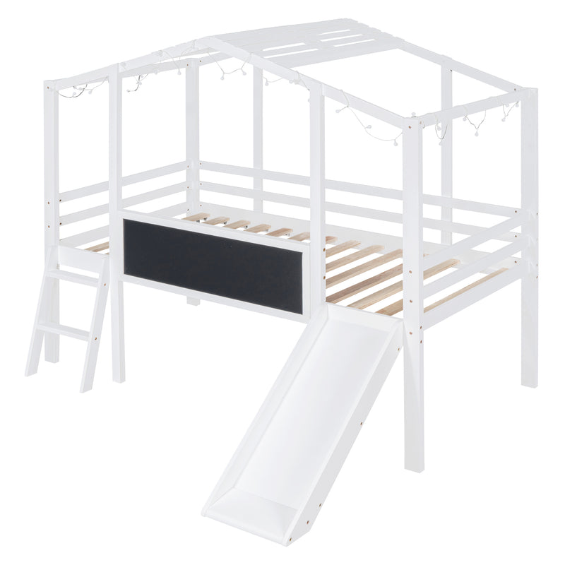 Twin Size Loft Bed with Ladder and Slide, House Bed with Blackboard and Light Strip on the Roof, White