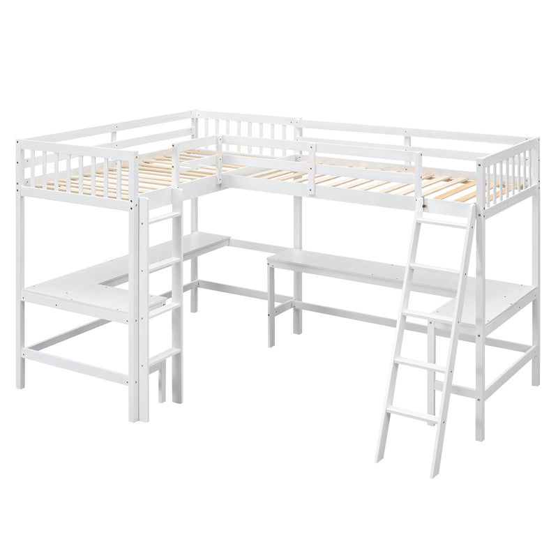 Wood Twin Size L-Shaped Loft Bed with Ladder and 2 Built-in L-Shaped Desks, White