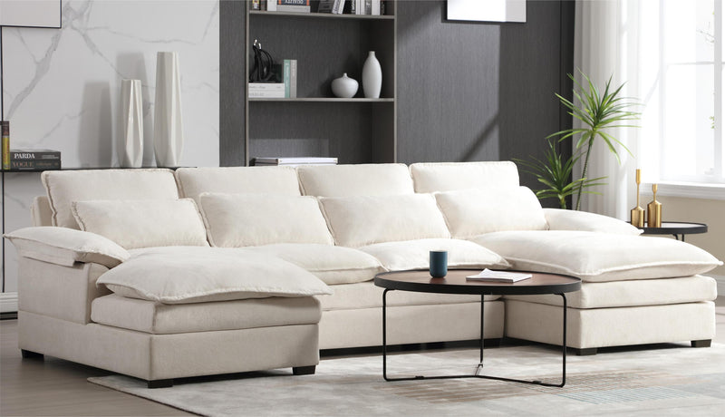 U Shaped Modular Sectional Sofa Couch, 6 Deap Seats Corne with 4 waist poillows, Oversized Convertible Upholstery Symmetrical Sofá Cloud Couches with Double Chaise&Memory Foam for Living Room, BEIGE