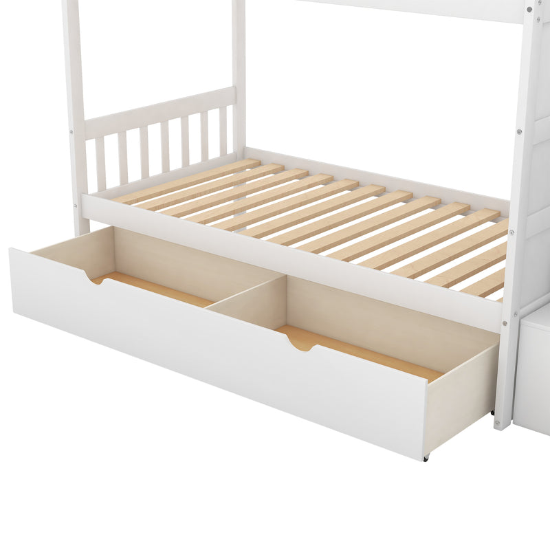 Twin over Full/Twin Bunk Bed, Convertible Bottom Bed, Storage Shelves and Drawers, White