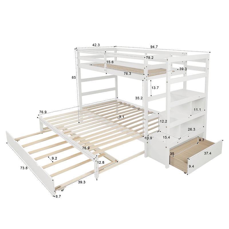 Twin over Twin/King (Irregular King Size) Bunk Bed with Twin Size Trundle, Extendable Bunk Bed   (White)(OLD SKU :LP000032AAK)