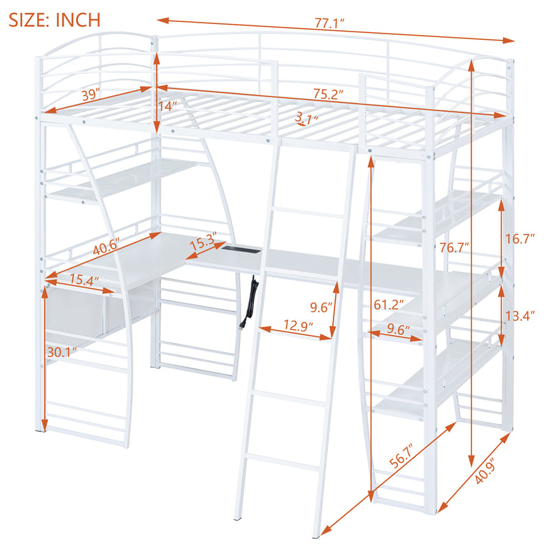 Twin Size Loft Bed with 4 Layers of Shelves and L-shaped Desk, Stylish Metal Frame Bed with a set of Sockets, USB Ports and and Wireless Charging, White