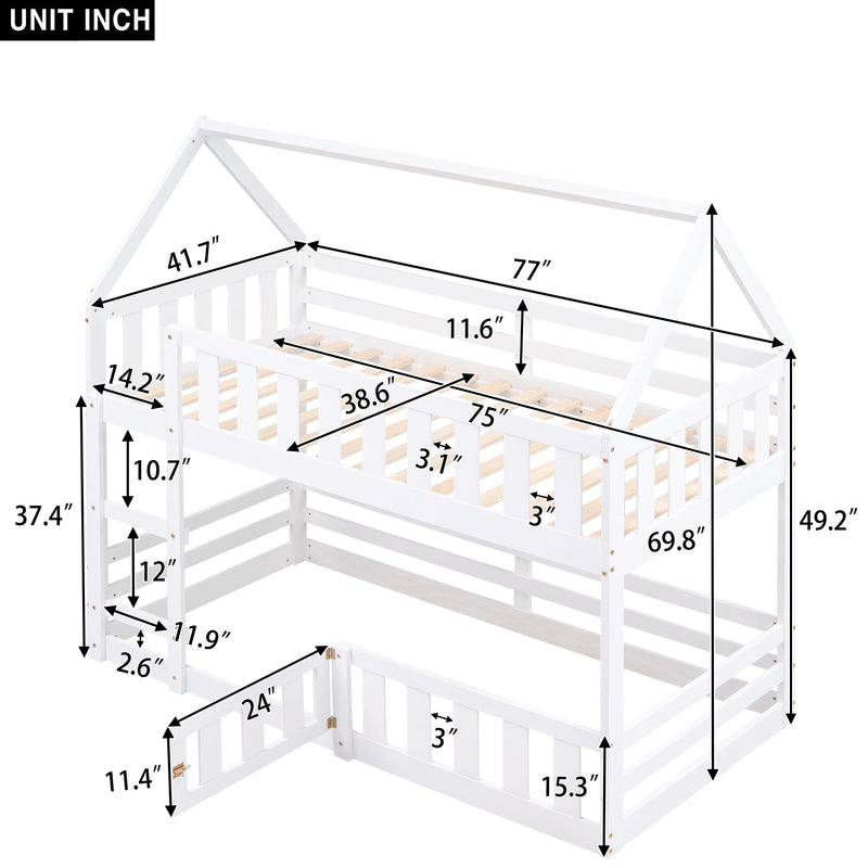 Twin Over Twin House Bunk Bed With Fence And Door - Gray