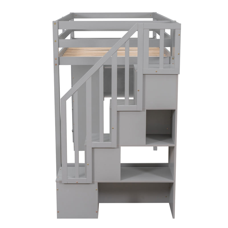 Twin size Loft Bed with Storage Drawers and Stairs, Wooden Loft Bed with Shelves - Gray