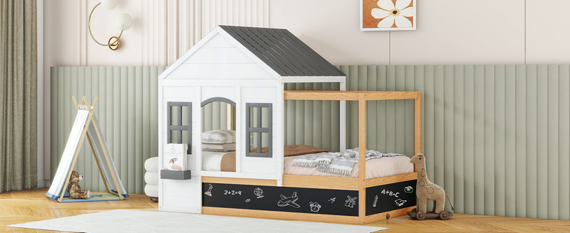 Twin Size House Shaped Canopy Bed with Black Roof and White Window,Blackboard and Little Shelf, White(Old SKU: WF294051AAK)