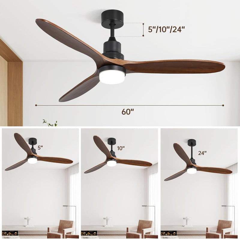 Ceiling Fan With Lights 3 Solid Wood Fan Blade Noiseless Reversible Motor Remote Control - Black