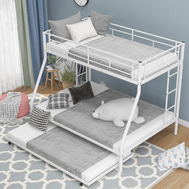 Twin over Full Bed with Sturdy Steel Frame, Bunk Bed with Twin Size Trundle, Two-Side Ladders, White(OLD SKU:MF194424AAK)