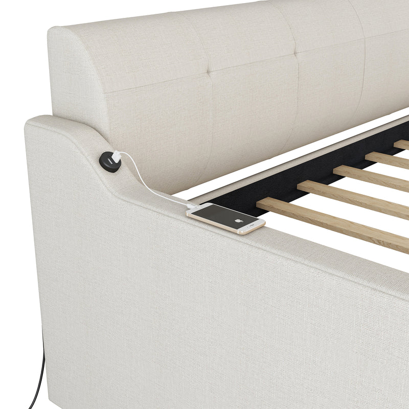 Twin Size Upholstery Daybed with Trundle and USB Charging Design,Trundle can be flat or erected,Beige