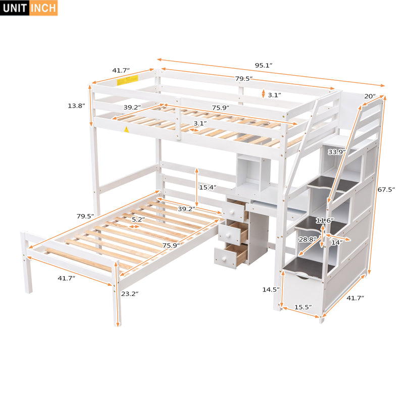 Twin Size Loft Bed with a Stand-alone Bed, Storage Staircase, Desk, Shelves and Drawers, White