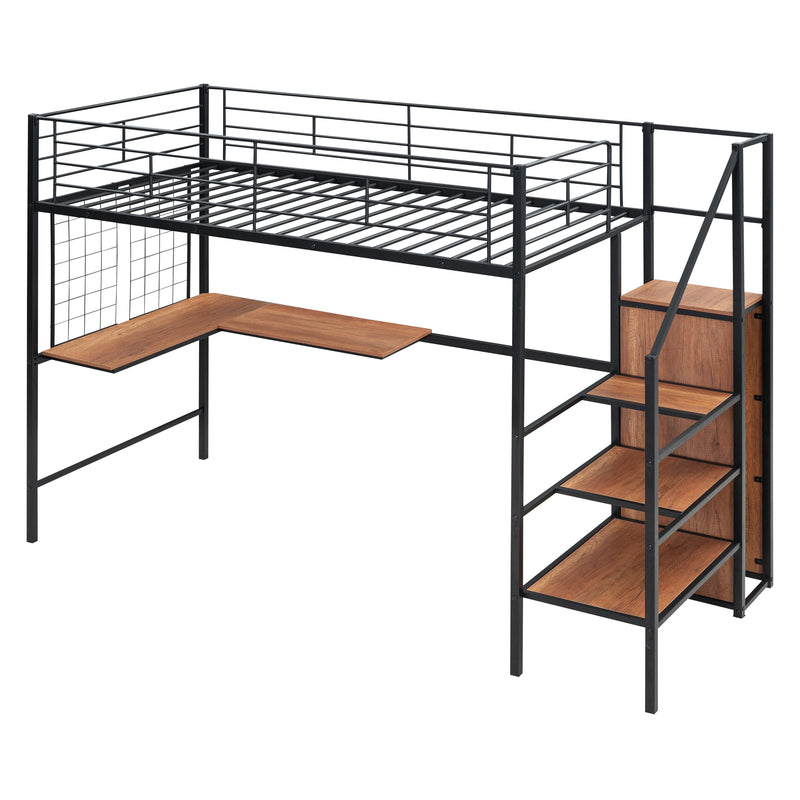 Twin Size Metal Loft Bed with Desk and Metal Grid, Stylish Metal Frame Bed with Lateral Storage Ladder and Wardrobe, Black