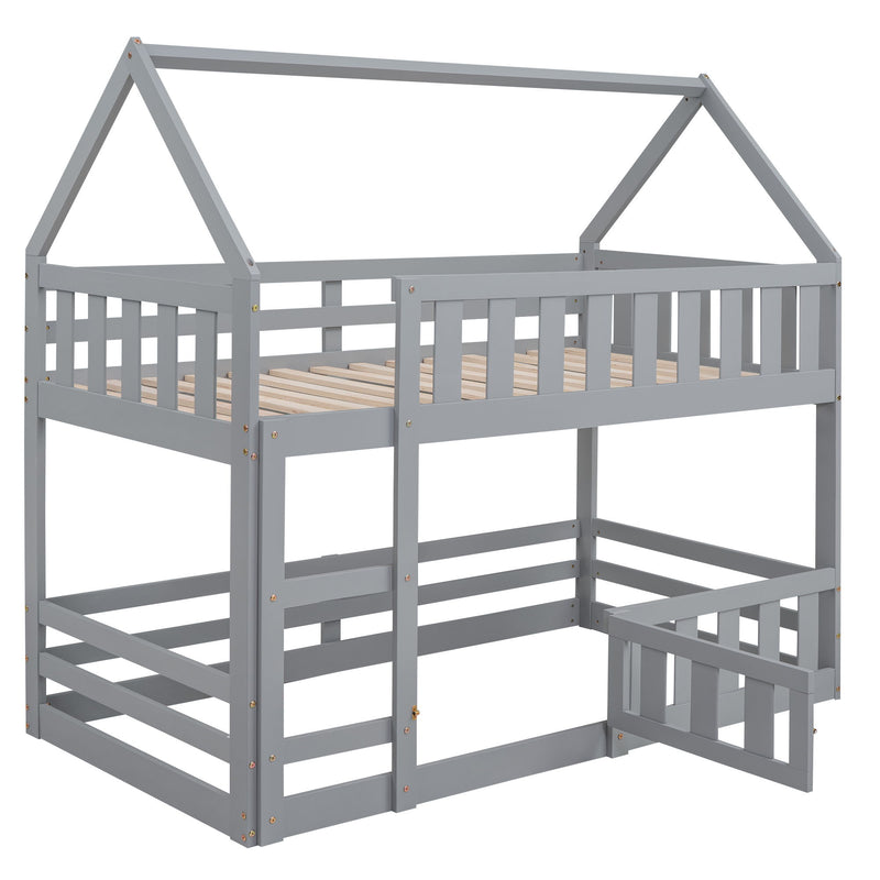 Twin Over Twin House Bunk Bed With Fence And Door - Gray