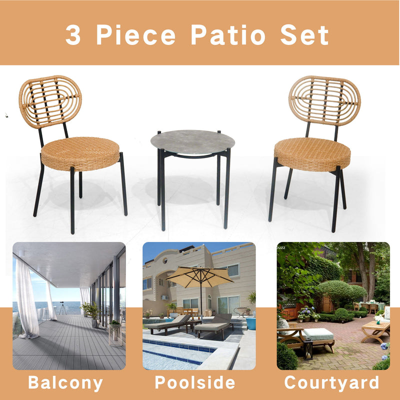 3 Pieces Of Luxury Outdoor Wicker Furniture Patio Bistro Style Table And Chair Combination, Weather Resistant PE Wicker Weave, Suitable For Garden - Black / Natural