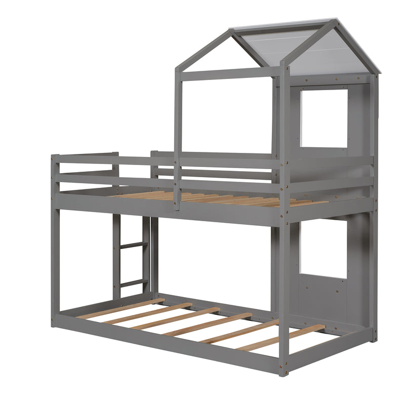 Twin Over Twin Bunk Bed Wood Bed with Roof, Window, Guardrail, Ladder (White)