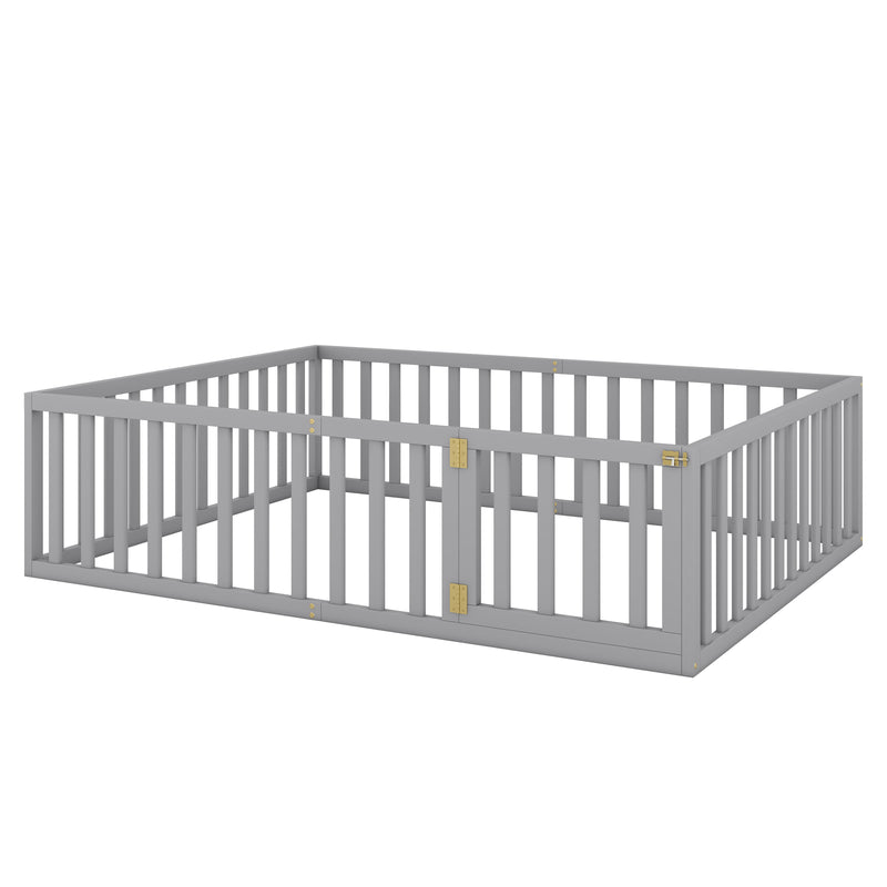 Queen Size Wood Floor Bed Frame with Fence and Door, Gray(OLD SKU:WF289663AAE)