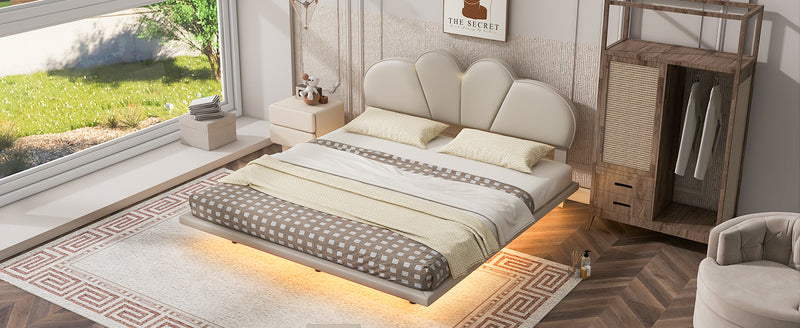 Queen Size Upholstery LED Floating Bed with PU Leather Headboard and Support Legs,Beige