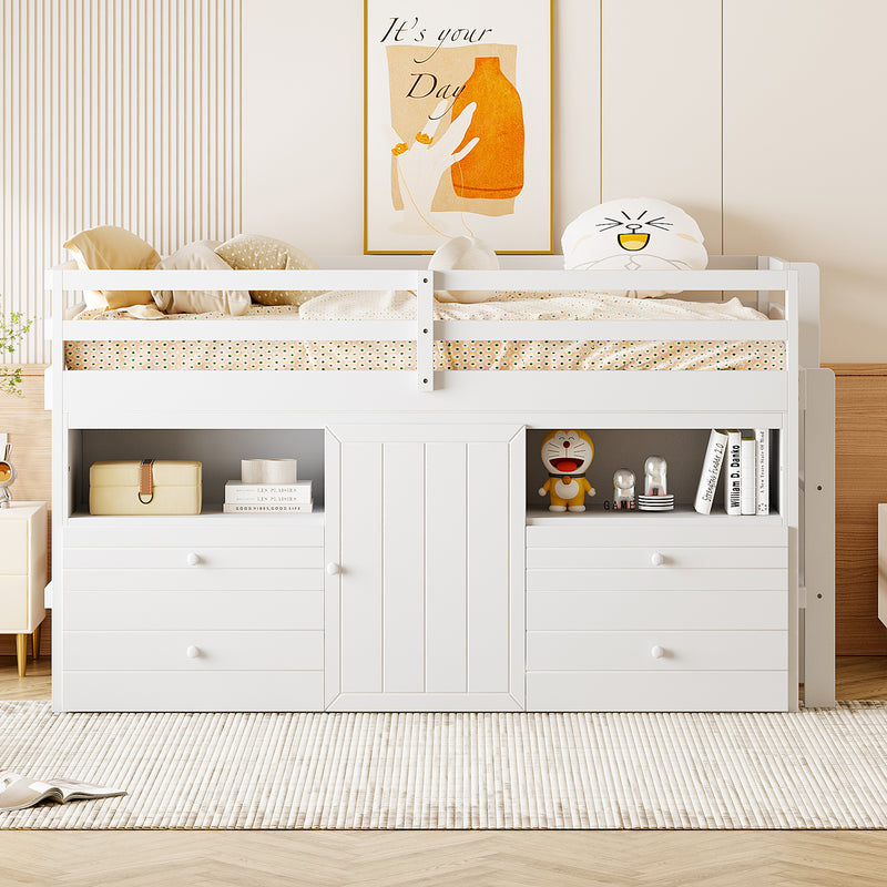 Twin Size Loft Bed with 4 Drawers, Underneath Cabinet and Shelves, White