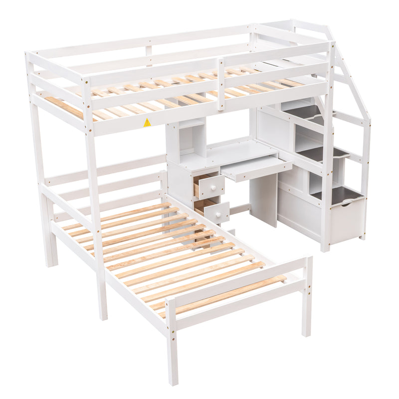 Twin Size Loft Bed with a Stand-alone Bed, Storage Staircase, Desk, Shelves and Drawers, White