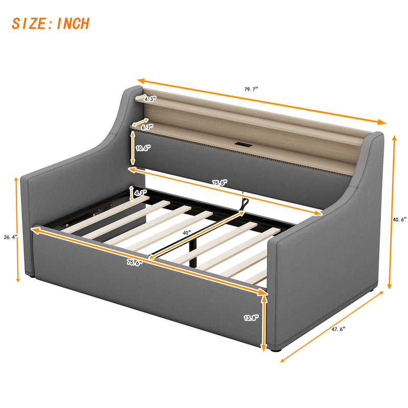 Twin Size Daybed with Hydraulic Storage, Upholstered Daybed with Lift Up Storage, Twin Linen Daybed with Charging Station and LED Lights,Gray(Expect arrival date 2024.2.20)