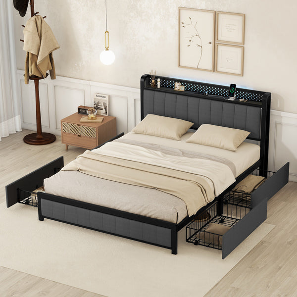 Queen Bed Frame with LED Headboard, Upholstered Bed with 4 Storage Drawers and USB Ports, Dark Grey