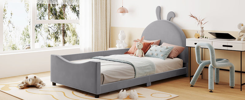 Twin Size Upholstered Daybed with Rabbit Ear Shaped Headboard, Gray