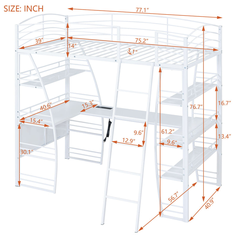 Loft Bed With 4 Layers Of Shelves And L-Shaped Desk, Stylish Metal Frame Bed With A Set Of Sockets, USB Ports And And Wireless Charging