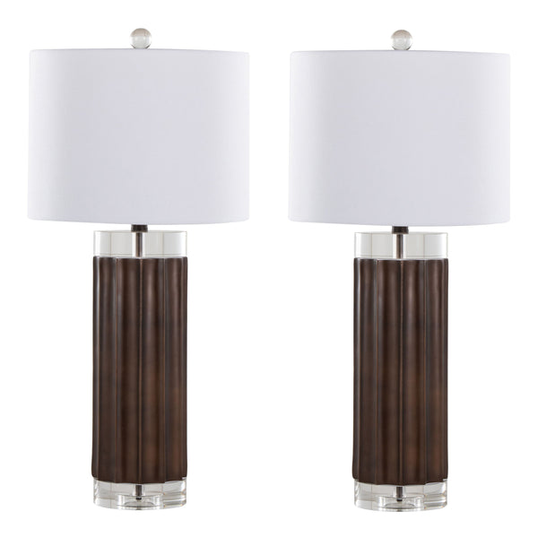 Cylinder - Fluted Contemporary Table Lamp (Set of 2) - Brown / Clear / White